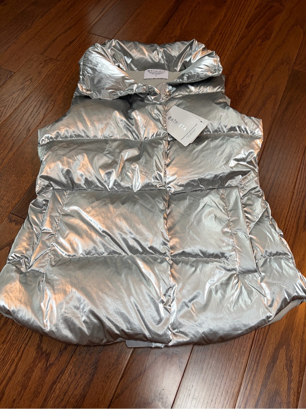 NWT Athleta Downtown Metallic Puffer Vest - Shiny Silver Size S